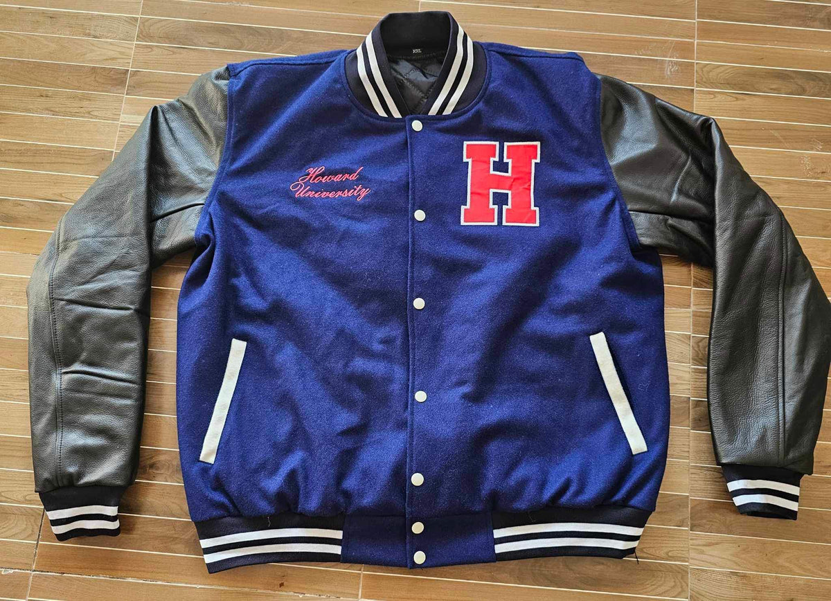 HU Letterman Varsity ጃኬት ከቆዳ እጅጌዎች ጋር