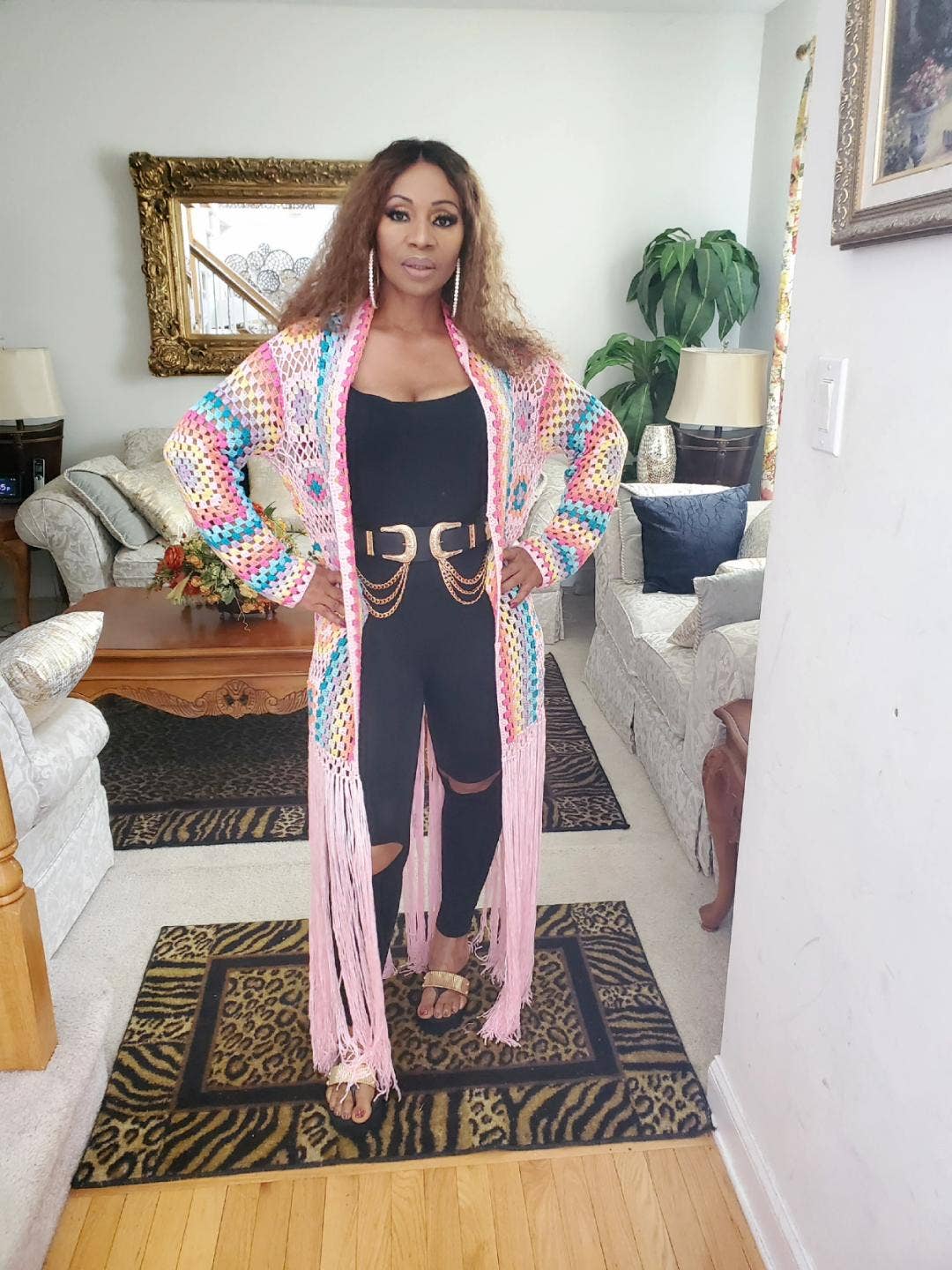 Pink Handmade Crochet Fringe Cardigan