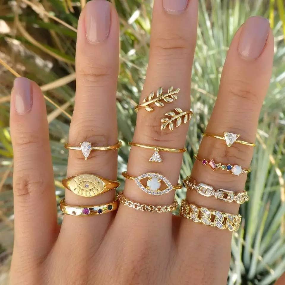 CLEARANCE: Ring Set - 11 Piece Goldtone Boho with Eye Set