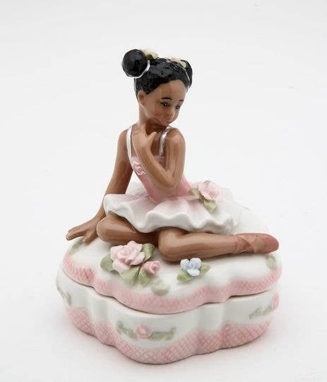 CLEARANCE: Porcelain African American Ballerina na may Pink Trinket Box
