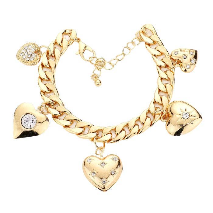 Rhinestone Heart Charm Station Bracelet