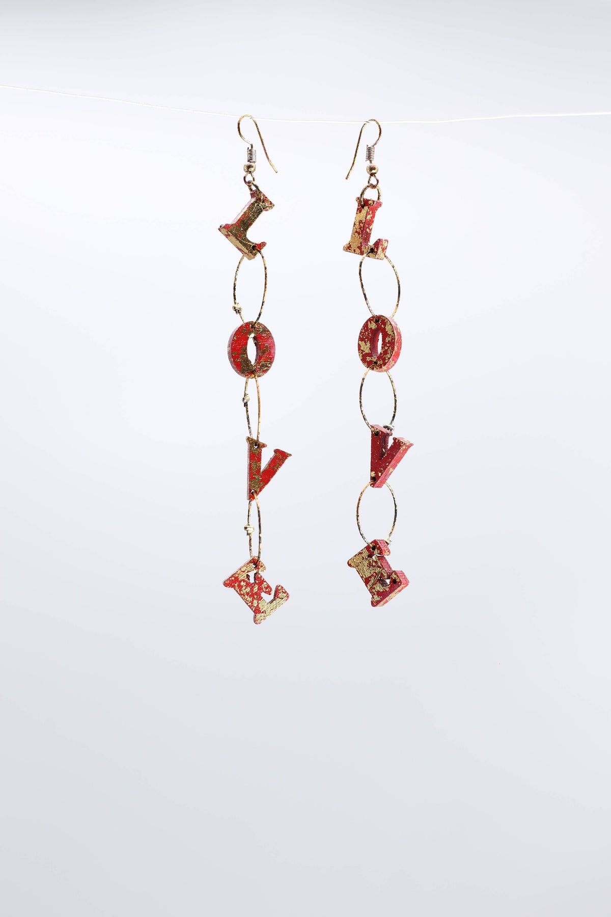 Red &amp; Gold Wooden LOVE chain earrings - Hand Gilded