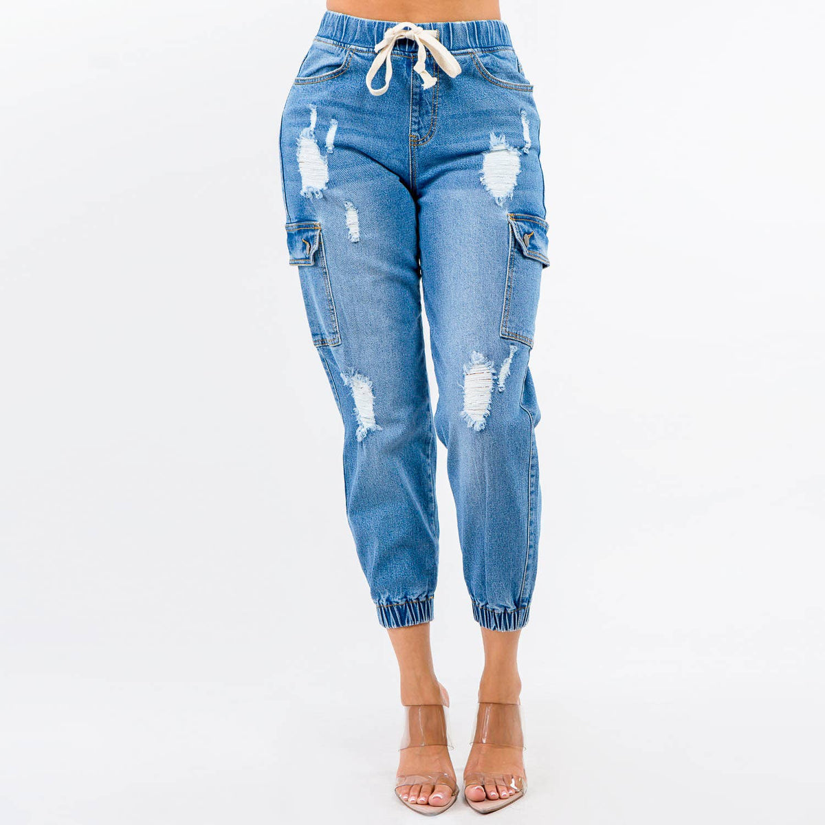 CLEARANCE: Distressed Denim Jogger Pants - Plus Size