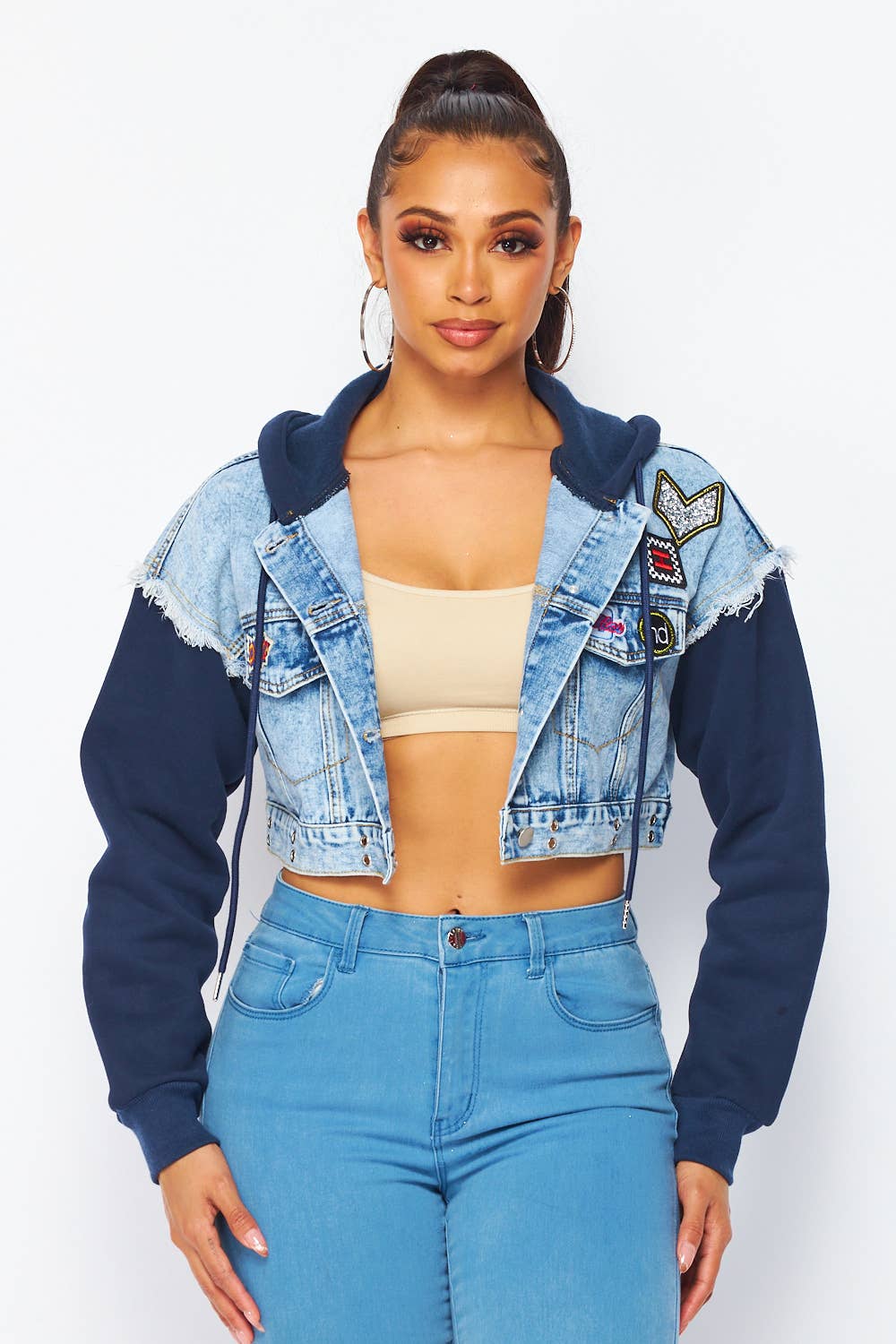 CLEARANCE: Hooded Cropped Patch Denim Sweater Jacket