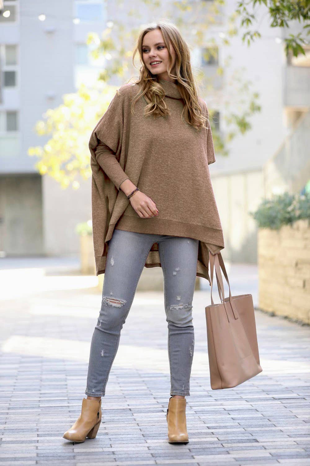Clearance: Butterorange Cowl Neck Oversized Poncho Hi-low Sweater