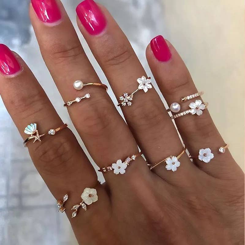CLEARANCE: Ring Set - 9 Pc Dainty Lady Pearl Ring Set